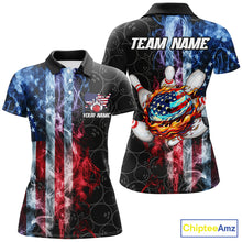 Load image into Gallery viewer, Smoke American Flag Flame Bowling camo Custom Patriotic Bowling Shirts For Women, Bowling Team Jerseys NQS8241