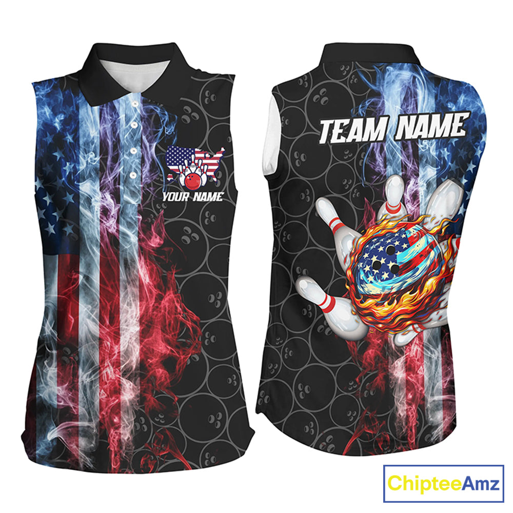 Smoke American Flag Flame Bowling camo Custom Patriotic Bowling sleeveless polo Shirts Team Jerseys NQS8241
