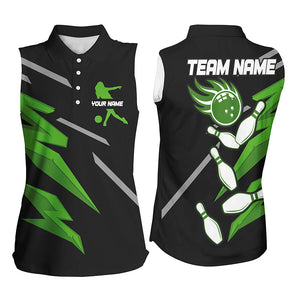 Black and Green Bowling sleeveless polo Shirts For Women Custom Bowling Team Jersey, gift for bowler NQS8247