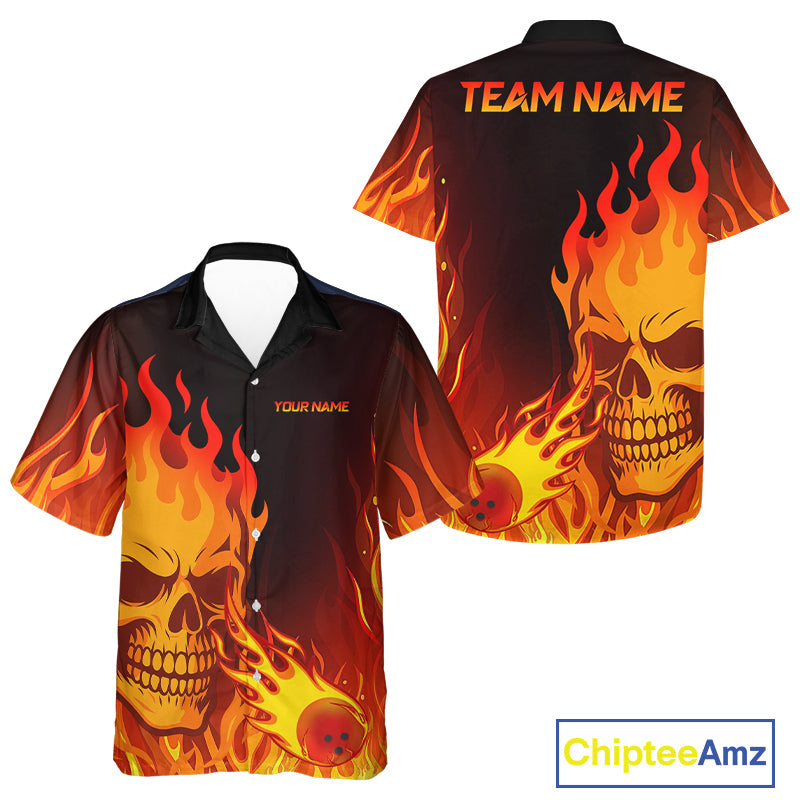 Flame Skull Bowling Hawaiian Shirt Custom Skull Fire Bowling Team Outfit Uniform NQS10444