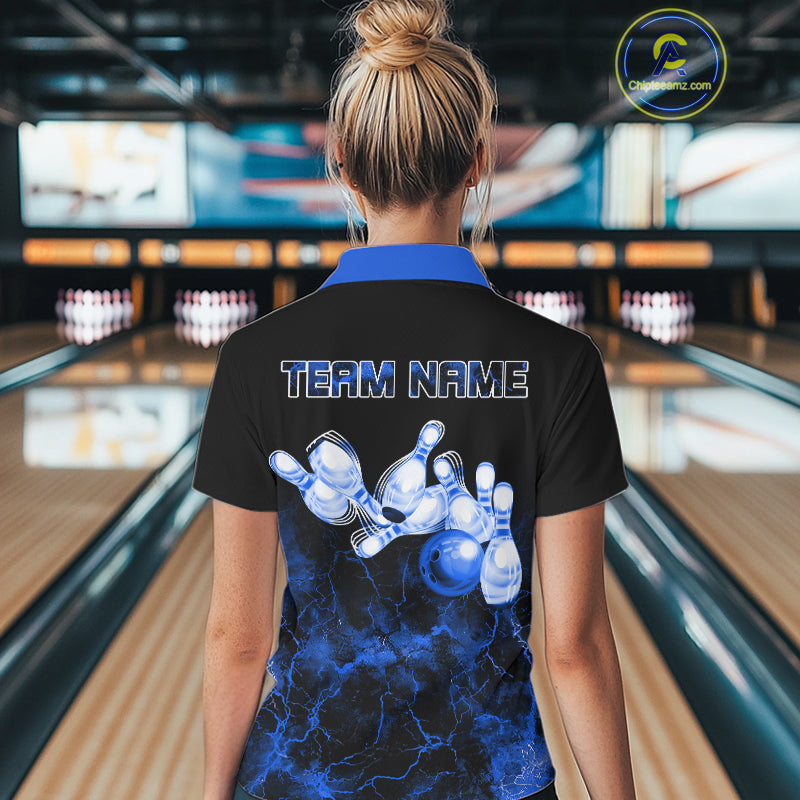Personalized Women's bowling shirts Blue lightning Bowling Ball Pins bowling jerseys for Bowler NQS10633