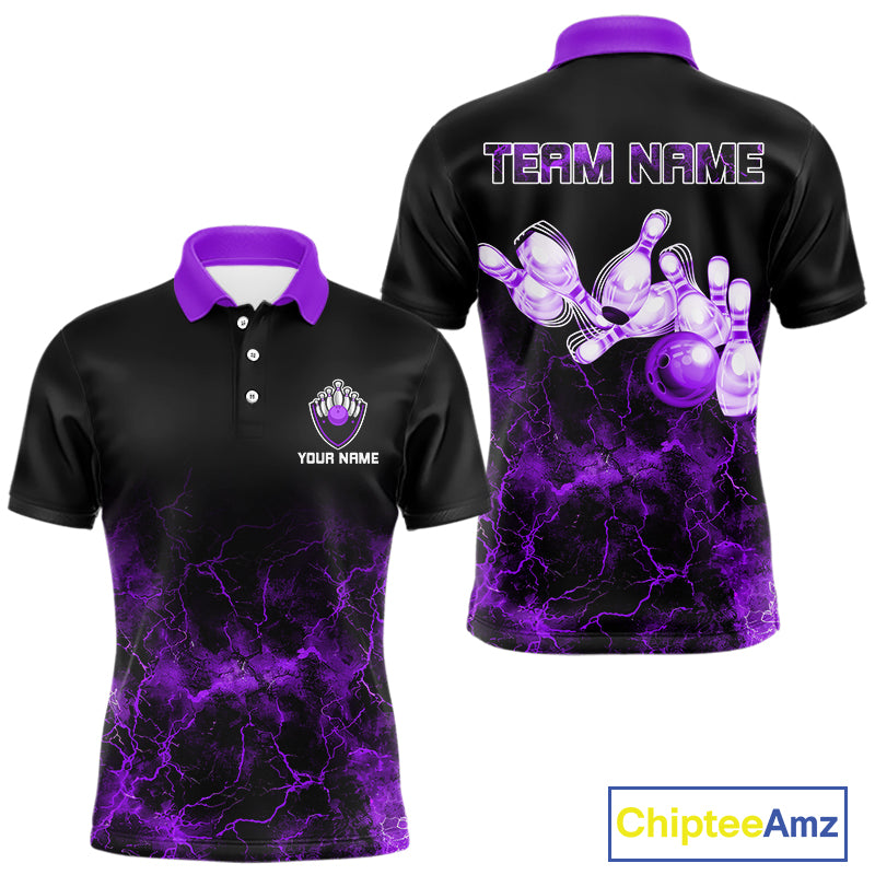 Personalized Men's bowling shirts Purple lightning Bowling Ball Pins bowling jerseys for Bowler NQS10634
