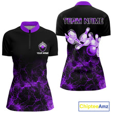 Load image into Gallery viewer, Personalized Women&#39;s bowling shirts Purple lightning Bowling Ball Pins bowling jerseys for Bowler NQS10634