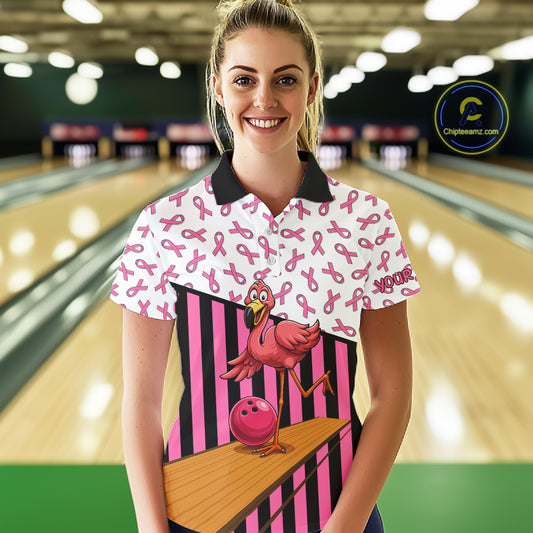 Pink ribbon pattern funny flamingo Bowling shirts for Women Custom breast cancer Team bowling outfit NQS11245