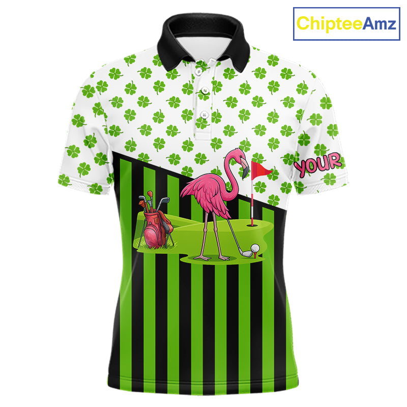 Green shamrock pattern flamingo Men golf polo shirts Custom St Patrick's Day golf outfit for men NQS11246