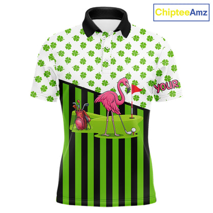 Green shamrock pattern flamingo Men golf polo shirts Custom St Patrick's Day golf outfit for men NQS11246