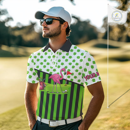 Green shamrock pattern flamingo Men golf polo shirts Custom St Patrick's Day golf outfit for men NQS11246