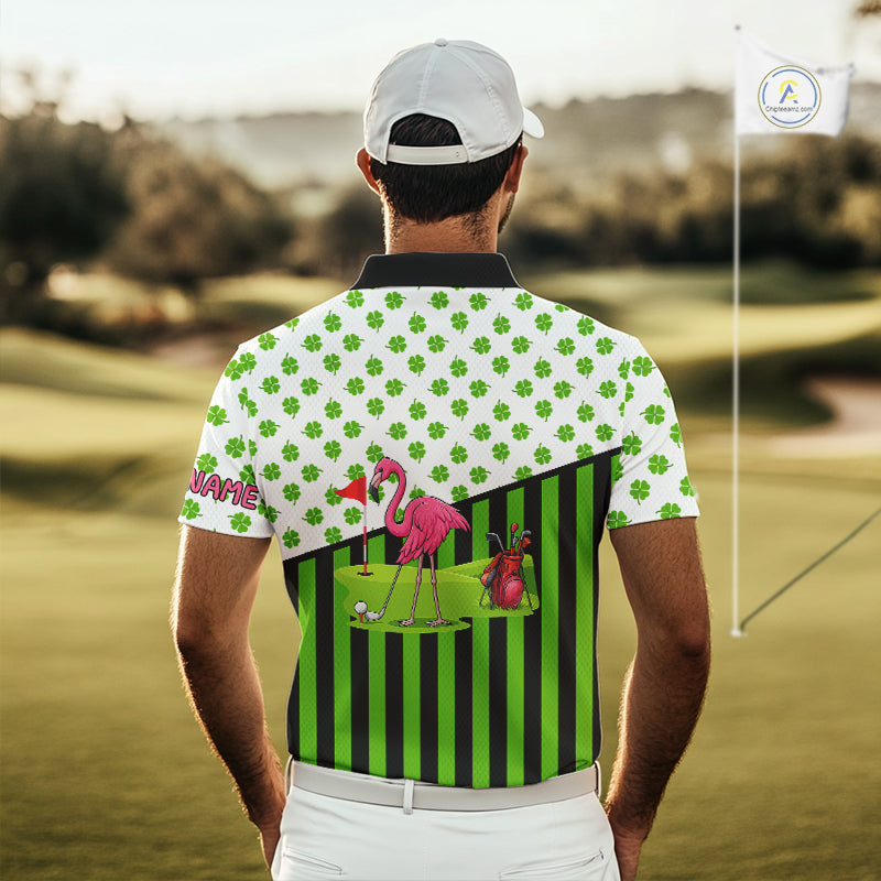 Green shamrock pattern flamingo Men golf polo shirts Custom St Patrick's Day golf outfit for men NQS11246