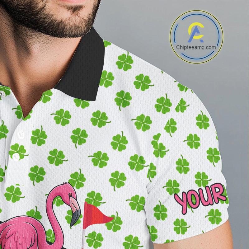 Green shamrock pattern flamingo Men golf polo shirts Custom St Patrick's Day golf outfit for men NQS11246