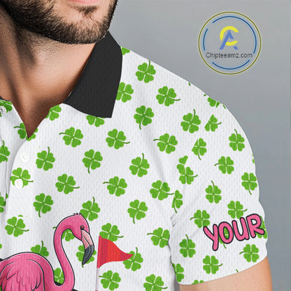 Green shamrock pattern flamingo Men golf polo shirts Custom St Patrick's Day golf outfit for men NQS11246