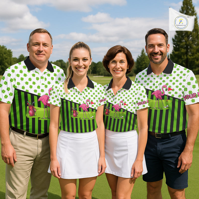 Green shamrock pattern flamingo Men golf polo shirts Custom St Patrick's Day golf outfit for men NQS11246
