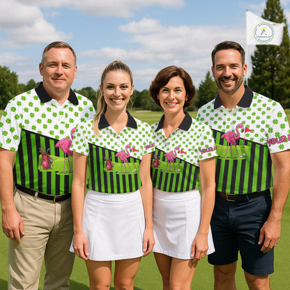 Green shamrock pattern flamingo Men golf polo shirts Custom St Patrick's Day golf outfit for men NQS11246