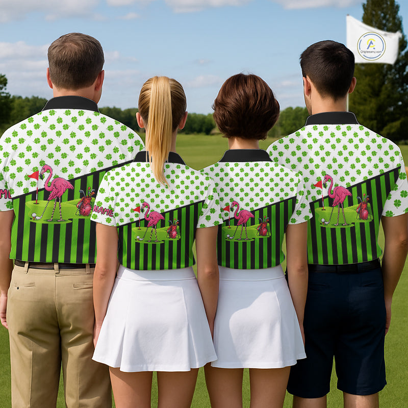 Green shamrock pattern flamingo Men golf polo shirts Custom St Patrick's Day golf outfit for men NQS11246