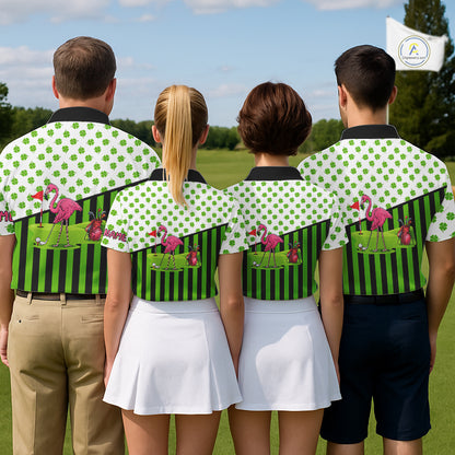 Green shamrock pattern flamingo Men golf polo shirts Custom St Patrick's Day golf outfit for men NQS11246