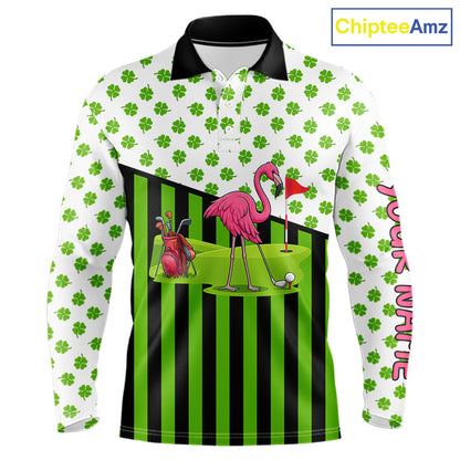 Green shamrock pattern flamingo Men golf polo shirts Custom St Patrick's Day golf outfit for men NQS11246