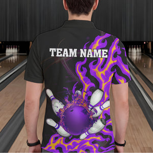 Purple Flame Fire Bowling Polo, Quarter Zip Shirts For Men Custom Bowling Team Shirts, Gift For Bowler NQS9373