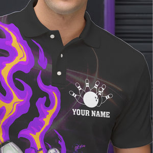 Purple Flame Fire Bowling Polo, Quarter Zip Shirts For Men Custom Bowling Team Shirts, Gift For Bowler NQS9373