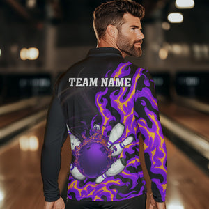 Purple Flame Fire Bowling Polo, Quarter Zip Shirts For Men Custom Bowling Team Shirts, Gift For Bowler NQS9373