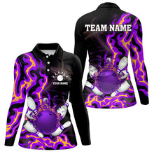 Load image into Gallery viewer, Purple Flame Fire Bowling Polo, Quarter Zip Shirt For Women Custom Bowling Team Shirt, Gift For Bowler NQS9373