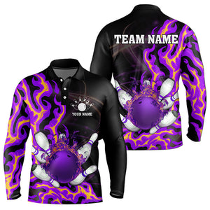 Purple Flame Fire Bowling Polo, Quarter Zip Shirts For Men Custom Bowling Team Shirts, Gift For Bowler NQS9373