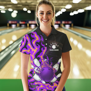 Purple Flame Fire Bowling Polo, Quarter Zip Shirt For Women Custom Bowling Team Shirt, Gift For Bowler NQS9373