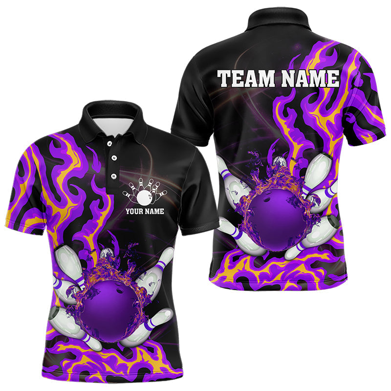 Purple Flame Fire Bowling Polo, Quarter Zip Shirts For Men Custom Bowling Team Shirts, Gift For Bowler NQS9373