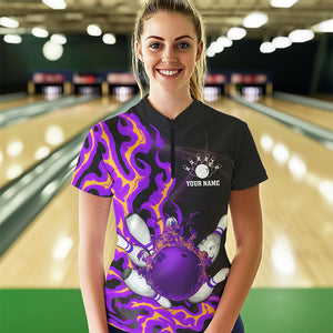 Purple Flame Fire Bowling Polo, Quarter Zip Shirt For Women Custom Bowling Team Shirt, Gift For Bowler NQS9373