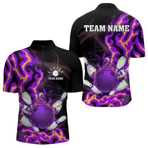 Purple Flame Fire Bowling Polo, Quarter Zip Shirts For Men Custom Bowling Team Shirts, Gift For Bowler NQS9373