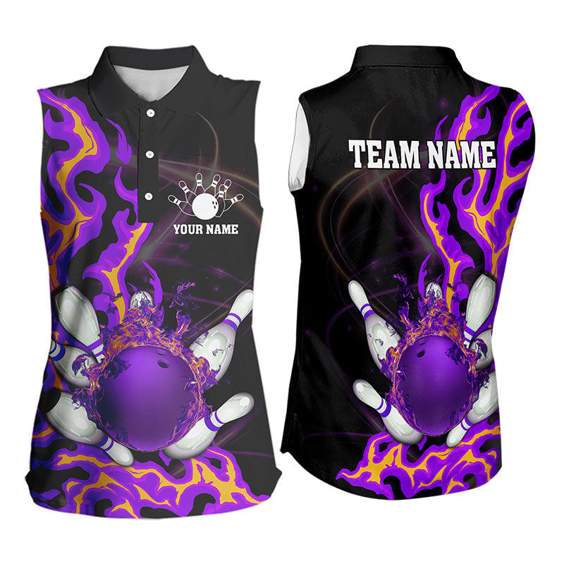 Purple Flame Fire Bowling Sleeveless Polo Shirt For Women Custom Bowling Team Shirt, Gift For Bowler NQS9373