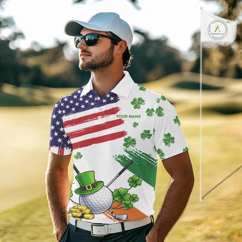 American Flag St Patrick's Day Clover Golf Polo shirts for Men Custom patriotic mens golf tops NQS11453