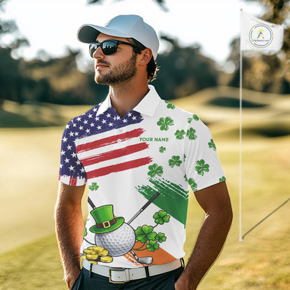 American Flag St Patrick's Day Clover Golf Polo shirts for Men Custom patriotic mens golf tops NQS11453