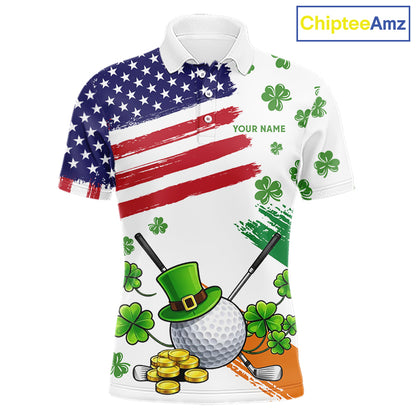 American Flag St Patrick's Day Clover Golf Polo shirts for Men Custom patriotic mens golf tops NQS11453