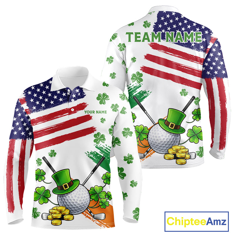 American Flag St Patrick's Day Clover Golf Polo shirts for Men Custom patriotic mens golf tops NQS11453