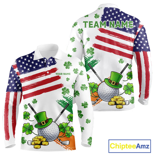 American Flag St Patrick's Day Clover Golf Polo shirts for Men Custom patriotic mens golf tops NQS11453