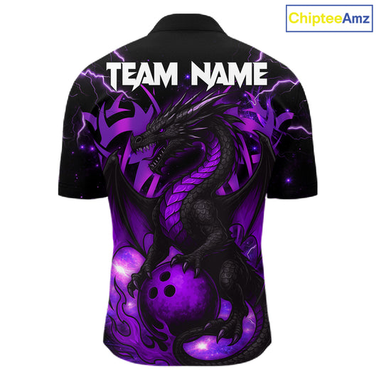 Custom Black and Purple Lightning Thunder Skull Dragon Bowling Shirts For Men, Team Bowling Jerseys NQS11641