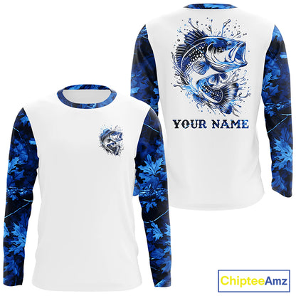 Largemouth Bass fishing blue camo UV protection Customize name long sleeves personalized fishing gifts NQS839