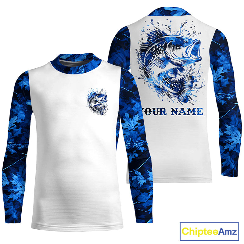 Largemouth Bass fishing blue camo UV protection Customize name long sleeves personalized fishing gifts NQS839