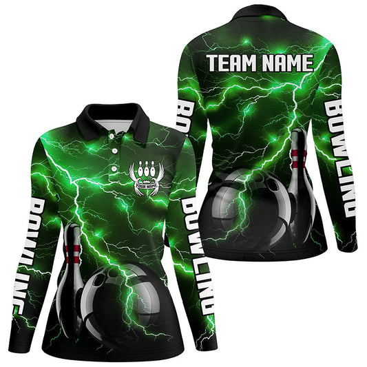 Green Lightning Thunder Black Women Bowling Polo, Quarter zip Shirt custom storm bowling team jerseys NQS8457