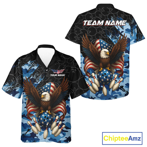 Black and Blue Camo American Flag Eagle Bowling Hawaiian Shirt Custom Patriotic Team Bowling Jersey NQS10644