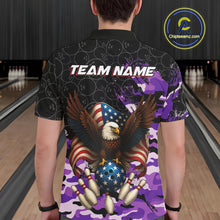 Load image into Gallery viewer, Black and Purple Camo American Flag Eagle Bowling Shirts For Men Custom Patriotic Team Bowling Jersey NQS10645