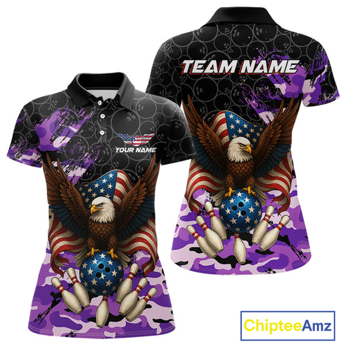 Black & Purple Camo American Flag Eagle Bowling Shirt For Women Custom Patriotic Team Bowling Jersey NQS10645