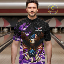 Load image into Gallery viewer, Black and Purple Camo American Flag Eagle Bowling Shirts For Men Custom Patriotic Team Bowling Jersey NQS10645