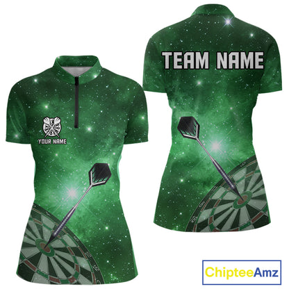 Green galaxy space pattern Darts Polo, Quarter zip Shirts For Women Custom Team Darts Jersey Outfit NQS10877