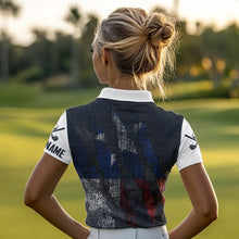 Load image into Gallery viewer, Black and White Grunge Texas Flag Women golf polo shirts custom Patriotic golf apparel for women NQS9377