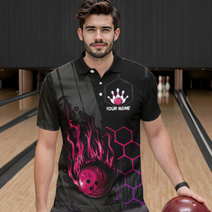 Black And Pink Flame Bowling Shirts For Men Custom Bowling Team League Jersey, Gift For Bowlers NQS9385