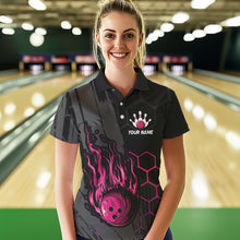 Load image into Gallery viewer, Black And Pink Flame Bowling Shirts For Women Custom Bowling Team League Jersey, Gift For Bowlers NQS9385