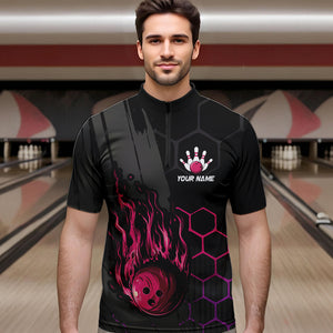 Black And Pink Flame Bowling Shirts For Men Custom Bowling Team League Jersey, Gift For Bowlers NQS9385