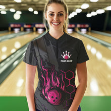 Load image into Gallery viewer, Black And Pink Flame Bowling Shirts For Women Custom Bowling Team League Jersey, Gift For Bowlers NQS9385