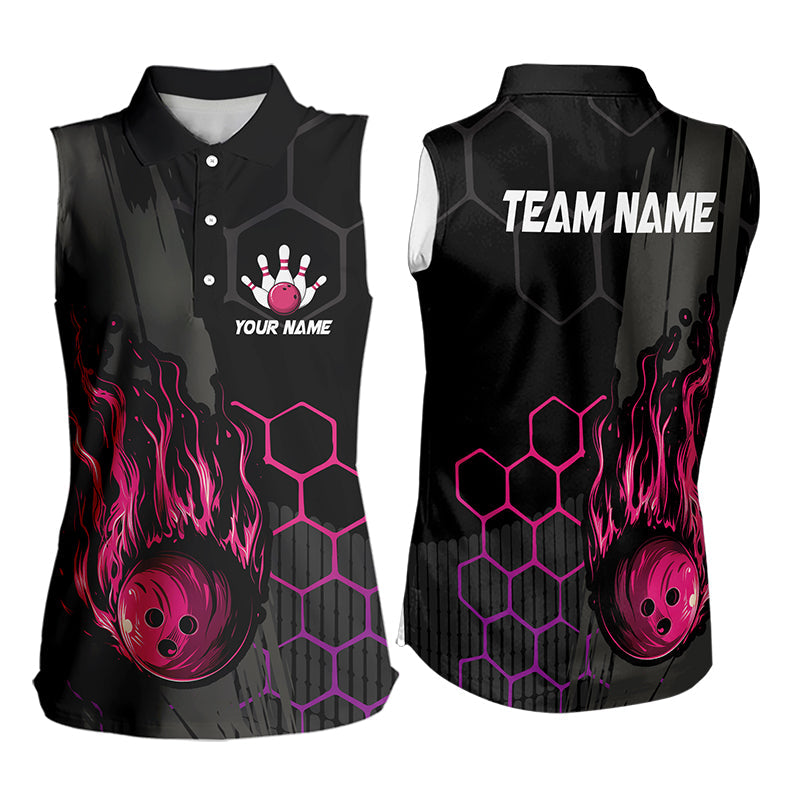 Black And Pink Flame Bowling sleeveless polo Shirt Custom Bowling Team League Jersey, Gift For Bowlers NQS9385