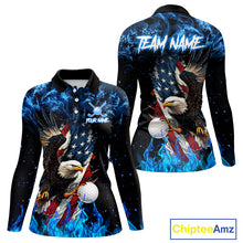 Load image into Gallery viewer, Blue Flame American Flag Eagle golf polo shirts for Women Custom patriotic ladies golf outfit NQS11644